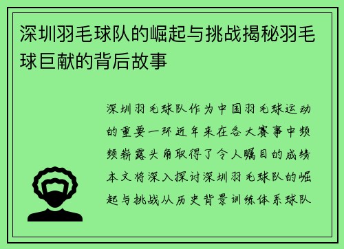 深圳羽毛球队的崛起与挑战揭秘羽毛球巨献的背后故事