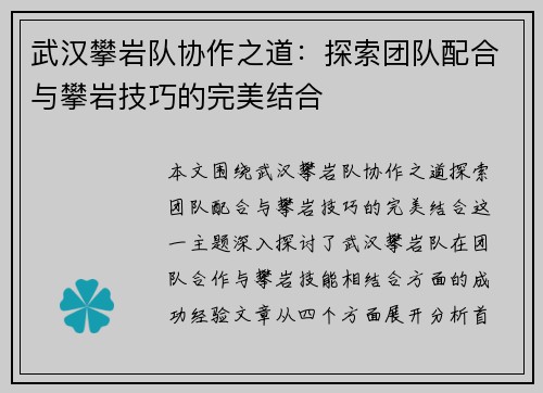 武汉攀岩队协作之道：探索团队配合与攀岩技巧的完美结合