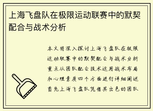 上海飞盘队在极限运动联赛中的默契配合与战术分析