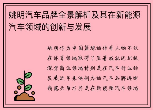 姚明汽车品牌全景解析及其在新能源汽车领域的创新与发展
