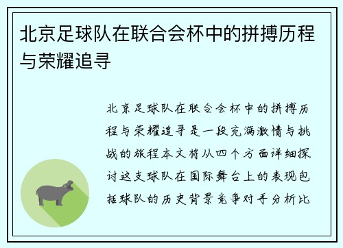 北京足球队在联合会杯中的拼搏历程与荣耀追寻