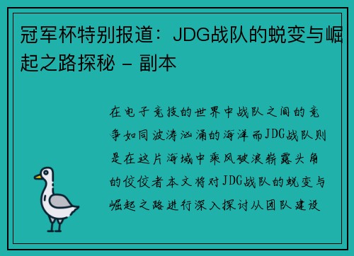 冠军杯特别报道：JDG战队的蜕变与崛起之路探秘 - 副本