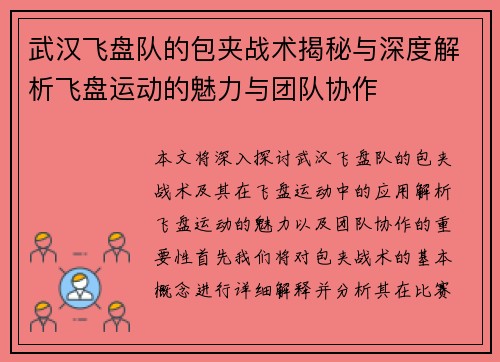 武汉飞盘队的包夹战术揭秘与深度解析飞盘运动的魅力与团队协作
