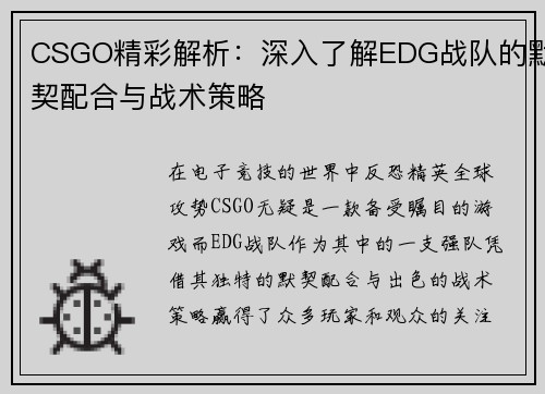 CSGO精彩解析：深入了解EDG战队的默契配合与战术策略